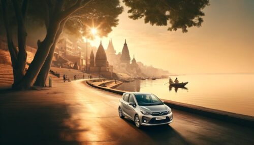 DALL·E 2024-04-22 13.04.23 - A serene image depicting the ease of navigating Varanasi with a rental car. The scene shows a modern, sleek car driving along the peaceful banks of th DALL·E 2024-04-22 13.04.23 - A serene image depicting the ease of navigating Varanasi with a rental car. The scene shows a modern, sleek car driving along the peaceful banks of th